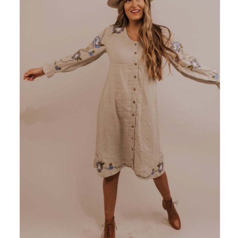 Roolee Cream Midi Dress with Blue Floral Embroidery